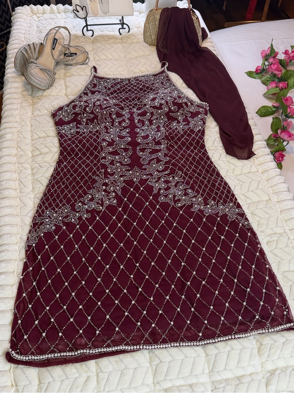 Embellished Burgundy Beaded Cocktail Dress Wedding Mother of the bride
